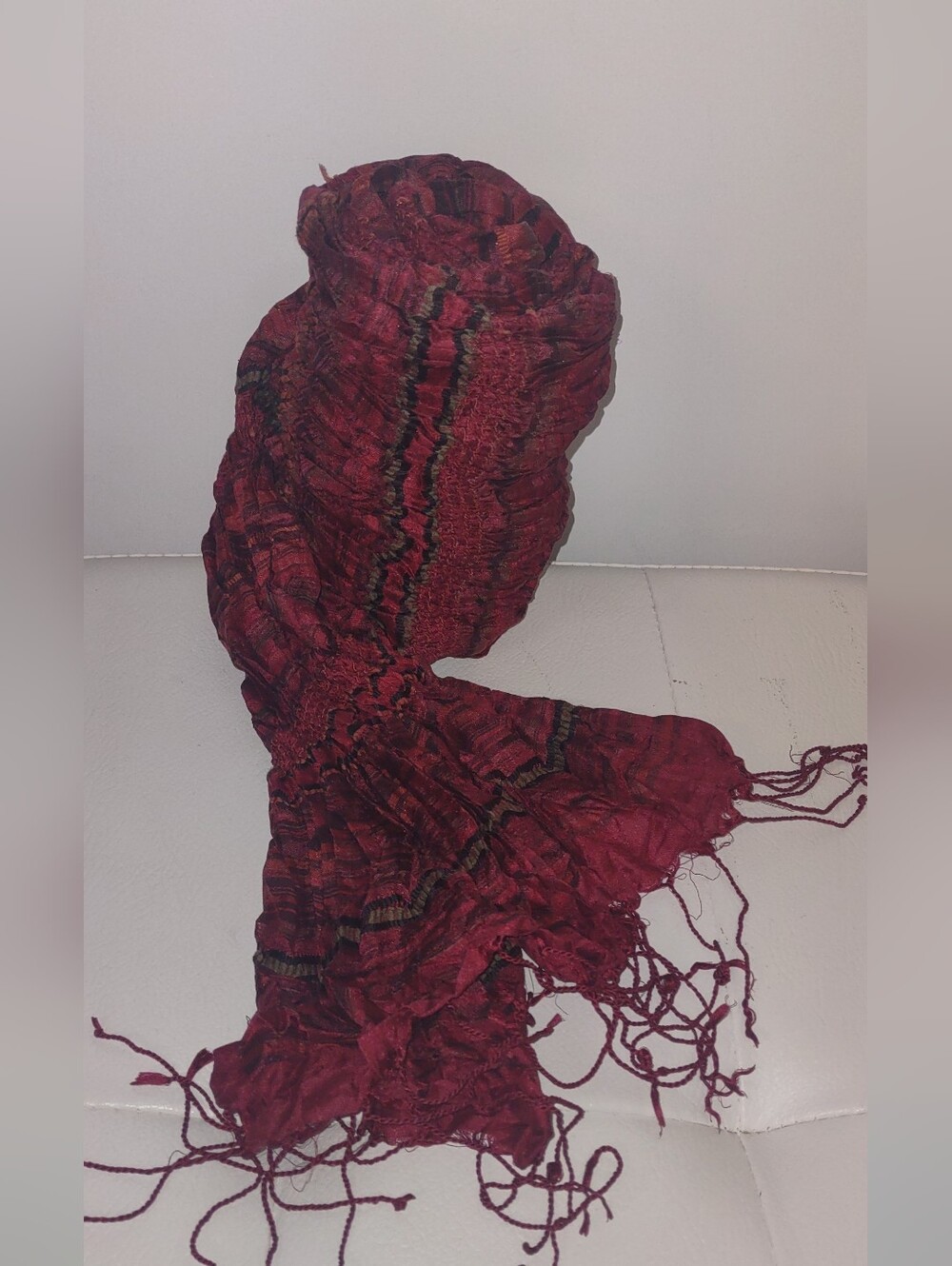 Eileen Fisher 100% Silk Whisper Crinkle Scarf Burgundy Red